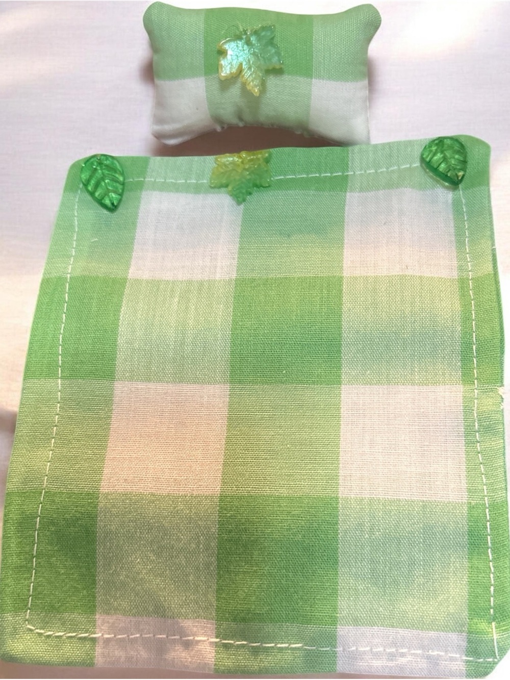 Green Plaid Doll Bedding Set - Leaf Accent beaded handmade